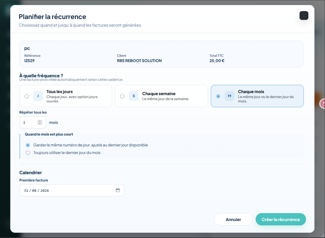 Planification des factures récurrentes sur iPad
